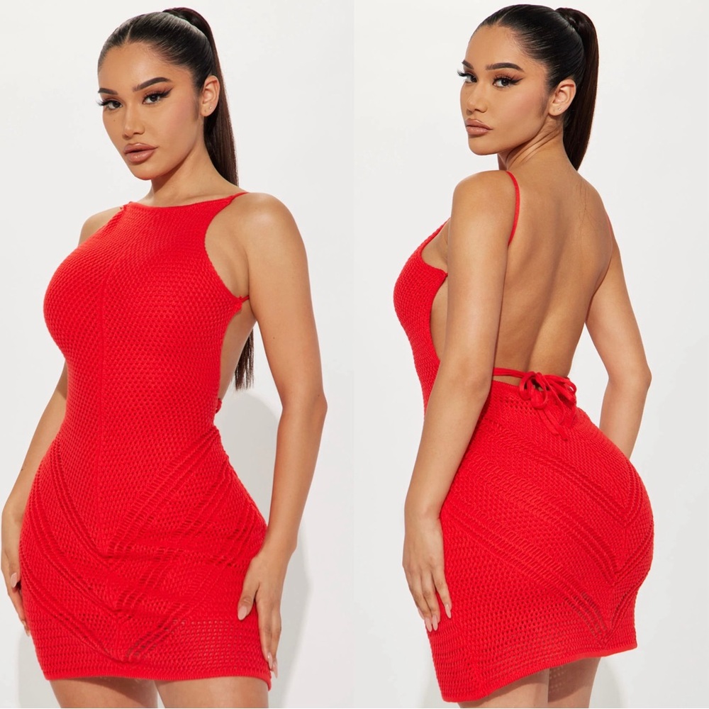 Backless Halter Red Crochet Mini Dress (XS)